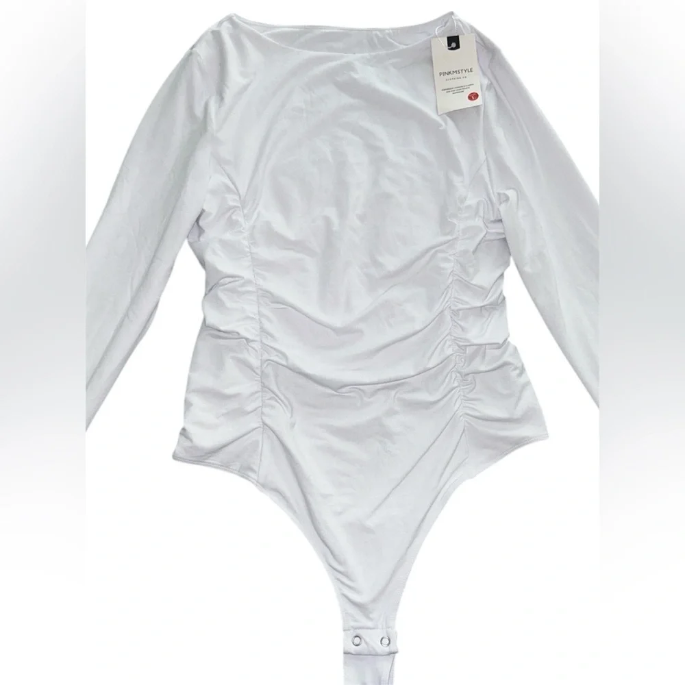 Long Sleeve Double Lines Slim fit Bodysuit White Size L